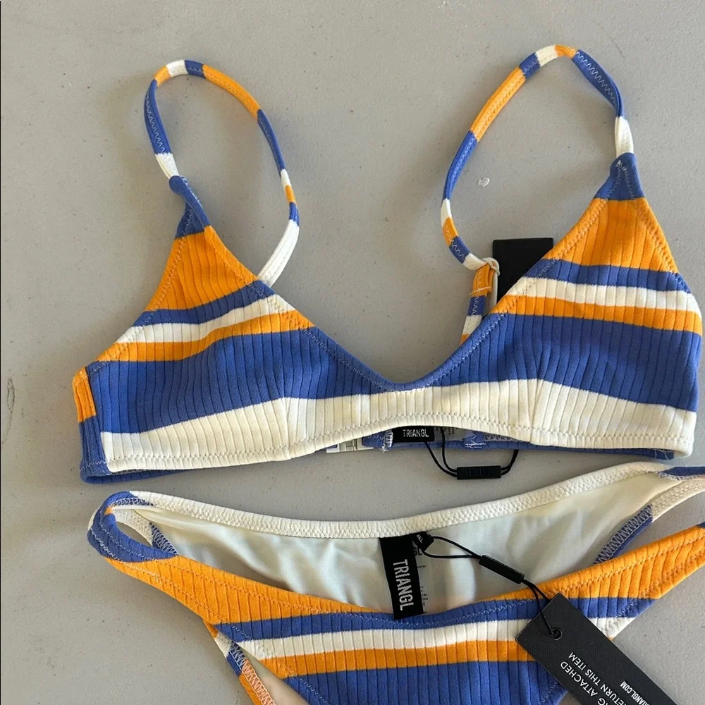 triangl swimwear Blue & Orange Striped Ribbed Bikini Set